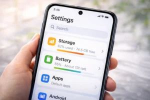Close-up of a phone screen showing the Settings app with storage and battery options visible