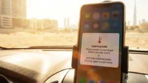 Close-up of a smartphone on a car dashboard in Dubai sunlight showing a high-temperature warning and app instability due to thermal throttling