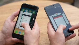 Demonstration of how to force close a crashing app on iPhone using the swipe-up gesture and on Android using the recent apps button