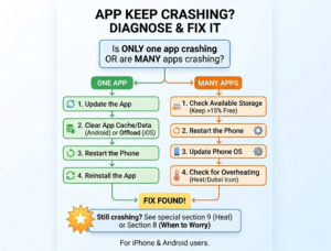 Diagnostic flowchart for fixing phone app crashes, distinguishing between single app glitches and system-wide storage or heat issues for iPhone and Android users