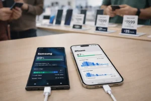 Galaxy S25 Ultra vs iPhone 16 Pro Max real-world battery test comparison in a mobile phone store with charging cables and usage stats displayed.