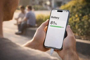 Person holding a smartphone outdoors showing battery percentage, representing real-world battery performance and efficiency.