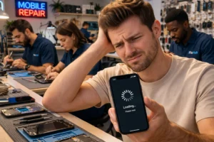 Person looking frustrated at a phone with a loading spinner on screen