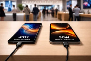 Samsung Galaxy S25 Ultra 45W vs iPhone 16 Pro Max 30W charging speed test side by side comparison