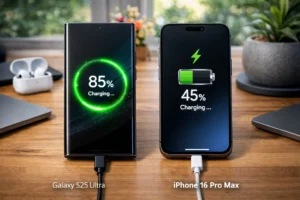 Samsung Galaxy S25 Ultra vs iPhone 16 Pro Max charging speed comparison showing battery percentage difference