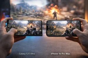 Samsung Galaxy S25 Ultra vs iPhone 16 Pro Max gaming performance comparison showing high-end mobile gameplay