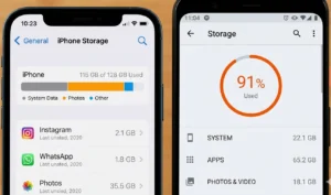 Side-by-side comparison of iPhone and Android storage settings screens showing low disk space and memory usage warnings
