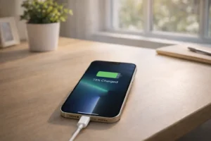 Smartphone charging on a desk in daylight with battery percentage visible, illustrating real-world battery usage and charging habits.