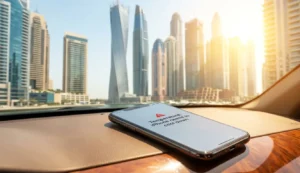 A smartphone showing an overheating temperature warning on a hot car dashboard in Dubai, with the intense sun highlighting why speakers can fail in extreme UAE heat.