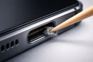 A clean, instructional macro image showing a wooden toothpick safely removing grey lint from a smartphone USB-C charging port to reduce resistance