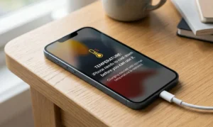 A smartphone on a wooden desk displaying a system temperature warning message while charging
