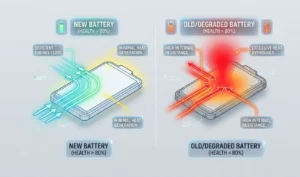 Comparison diagram showing smooth energy flow in a new battery versus heat-generating internal resistance in a degraded battery