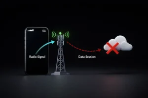 Infographic showing the difference between 5G radio signal strength and a failed internet data session