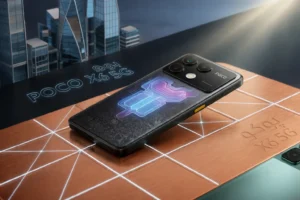 POCO X6 5G back view showing the 120Hz screen and cooling system diagram