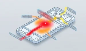 A high-tech isometric diagram of a smartphone showing three heat sources: Fast Charging Current, Internal Battery Resistance, and Background Processor Load, all converging at a central 'Overheating Storm' hotspot on the battery.