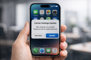 iPhone iOS 18 carrier settings update notification on screen to fix 5G data connection problems.